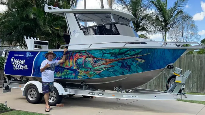 Vinyl boat wrap design for marine branding and protection