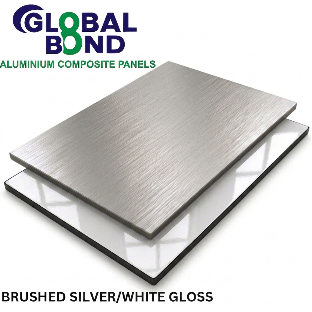 BRUSHED SILVER / WHITE - GLOBAL BOND - 2440 x 1220mm ; Skin - 0.15mm; 3mm